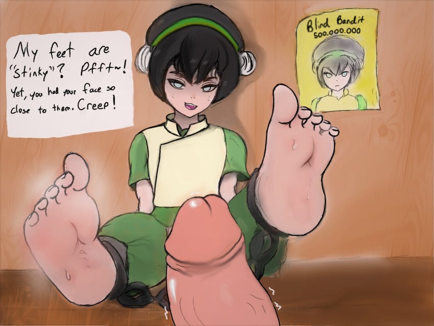 avatar_the_last_airbender barefoot black_hair blind chains clothed clothed_female clothing erection feet female foot_fetish foot_focus footjob jyo male penis restrained sitting smell smelly_feet soles steam sweat teasing toes toph_bei_fong