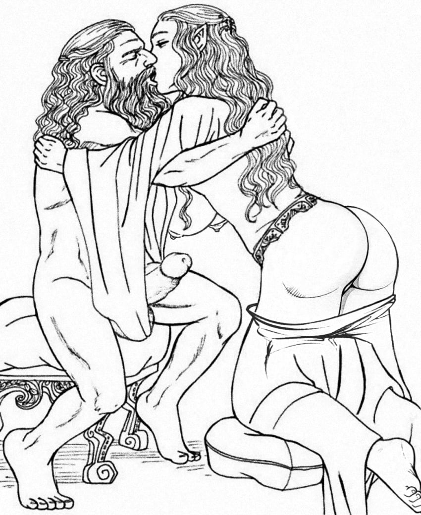 1boy 1girls ass barefoot beard belt big_breasts big_penis breasts closed_eyes clothing dress dwarf edit elf elf_ears embrace erect_nipples erect_penis erection facial_hair female galadriel gimli hanging_breasts hetero interspecies kissing kneeling legs lipatov literature lord_of_the_rings monochrome muscular_male penis pointy_ears purr-hiss simple_background sitting size_difference skirt skirt_removed testicles white_background