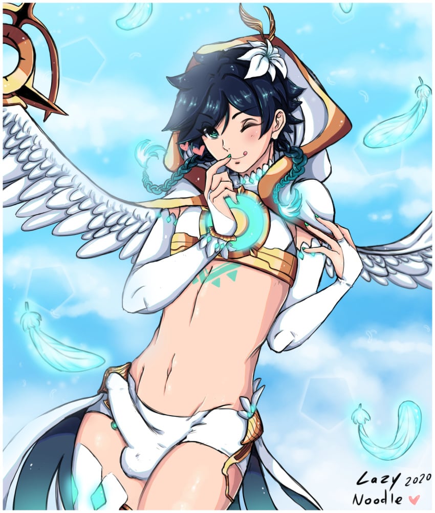 angel_wings blue_eyes blue_hair cheeky erection_under_clothes femboy genshin_impact girly god lazynoodle_(artist) long male_only pose posing tight_fit tongue trap venti_(genshin_impact) wings wink