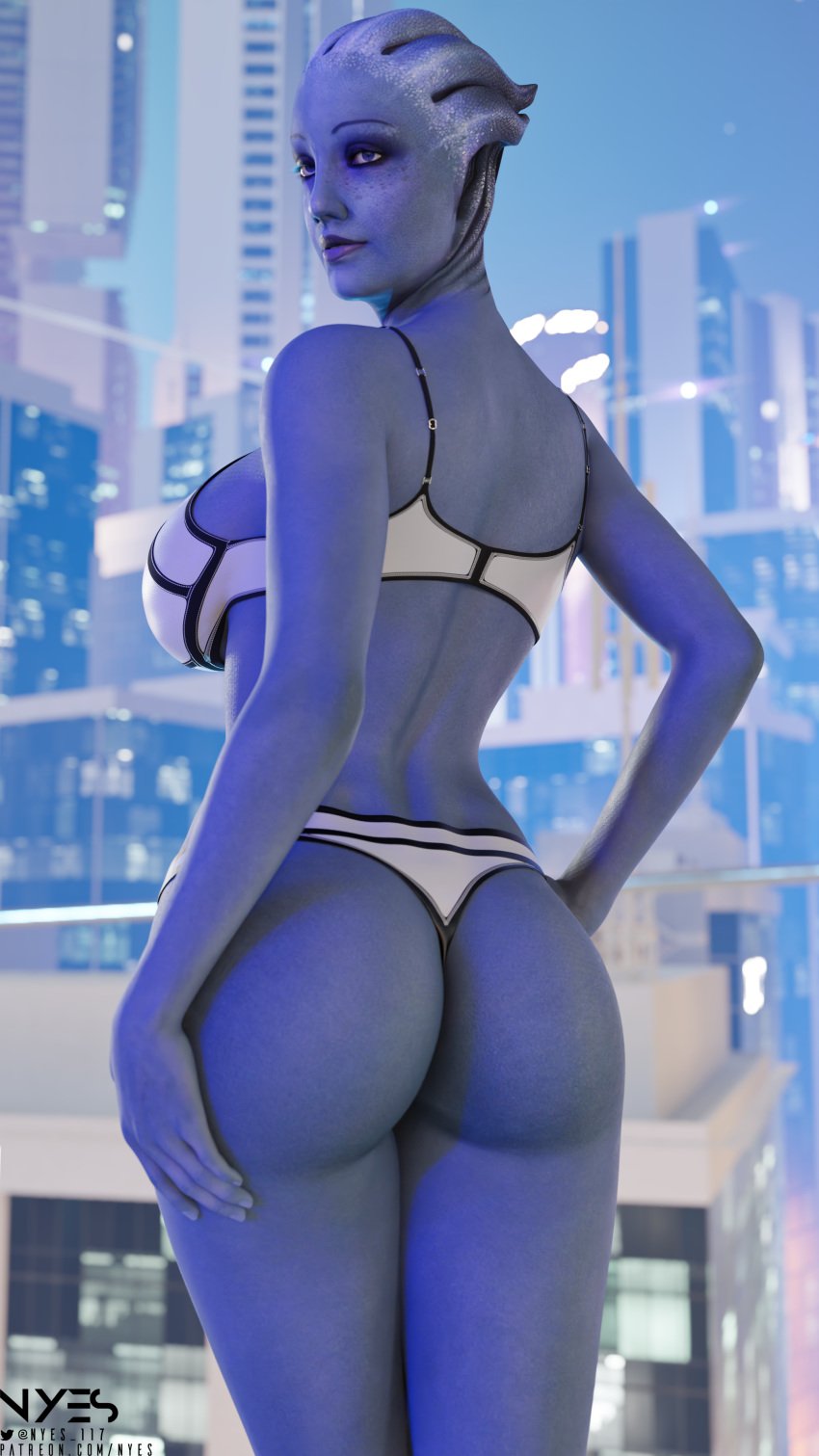 1girls 3d asari ass blue_eyes blue_skin bra breasts female female_only liara_t'soni lingerie mass_effect mass_effect_2 mass_effect_3 nyes117 panties pinup posing solo standing tagme thong underwear