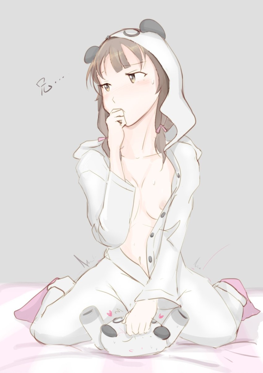 1girls 9_9bird areola_slip areolae azusagawa_kaede blush brown_eyes brown_hair clothing exposed_breasts female female_only humping looking_away medium_hair navel nipples on_bed open_clothes pajamas pink_socks plushie ponytail seishun_buta_yarou_wa_bunny_girl_senpai_no_yume_wo_minai sitting small_breasts socks solo spoken_heart