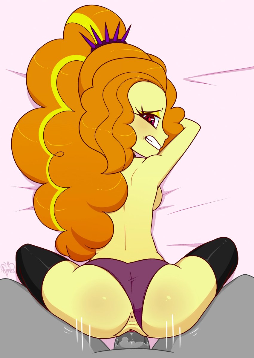 1boy 1girls adagio_dazzle anon anonymous ass bed clenched_teeth colored_hair equestria_girls faceless_male friendship_is_magic hasbro heart-shaped_pupils highres long_hair looking_at_viewer looking_back my_little_pony notenoughapples on_bed panties_aside ponytail pussy_juice red_hair spread_legs straight thighhighs vaginal vaginal_penetration