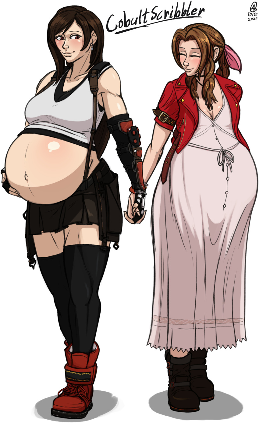 2girls a0iisa aerith_gainsborough brown_hair clothes female female_only final_fantasy final_fantasy_vii holding_hands long_hair looking_at_another multiple_pregnancies pregnant ready_to_pop short_dress tifa_lockhart yuri