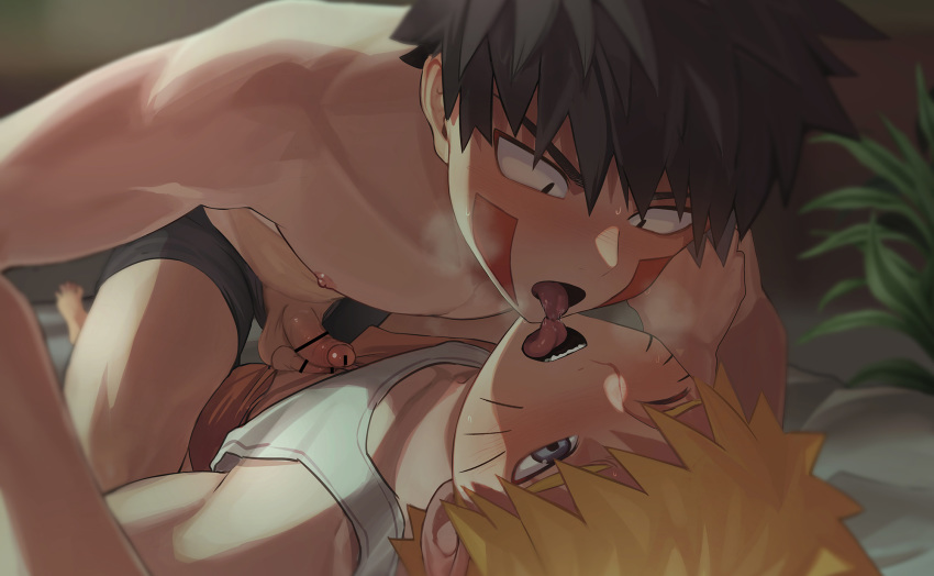 2boys balls bare_arms barefoot batsusuke bed bedroom big_penis black_eyes blonde_hair blue_eyes blush boner boxers briefs brown_hair clothed clothed_sex clothing erection facepaint feet foreskin french_kiss french_kissing frottage fully_clothed gay grinding inuzuka_kiba kissing male male/male male_only naruto nipples on_back one_eye_closed pale-skinned_male pale_skin penis penis_size_difference pink_nipples saliva saliva_drip sleeveless sleeveless_shirt small_penis sweat sweatdrop tank_top testicles toes tongue tongue_out topless twink underwear uzumaki_naruto voluptuous whisker_markings whiskers yaoi yellow_hair