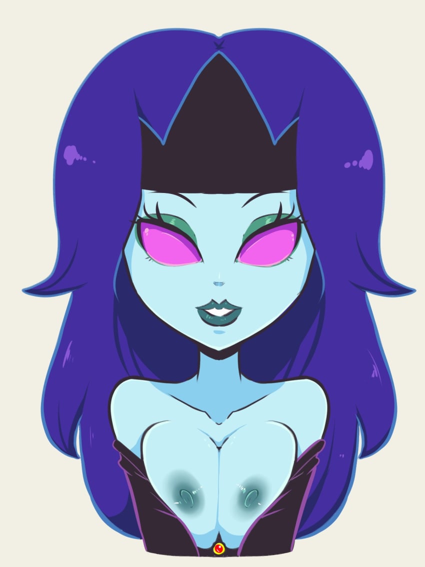 1girls areolae big_breasts black_puddle_queen blue_hair blue_skin breasts breasts_out cartoon_network cleavage courage_the_cowardly_dog eyelashes female female_only hearlesssoul lips long_hair looking_at_viewer nipples no_pupils pink_eyes smile solo solo_female tagme