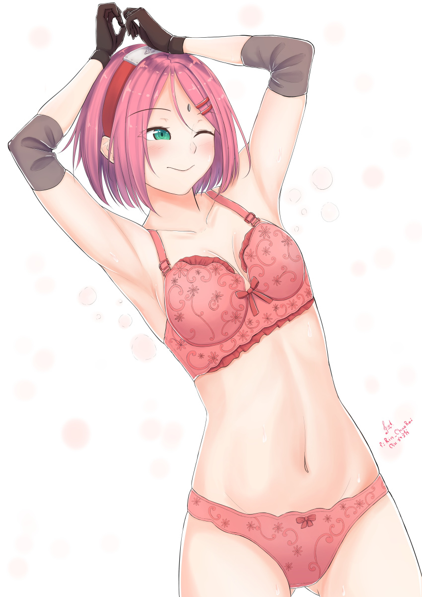 1girls armpits arms_up blush bra breasts elbow_pads facial_mark female female_only forehead_mark forehead_protector gloves gotspinner green_eyes hair_ornament hairband hairclip long_hair naruto naruto:_the_last naruto_(series) one_eye_closed panties pink_hair posing sakura_haruno small_breasts smile solo sweat sweatdrop underwear