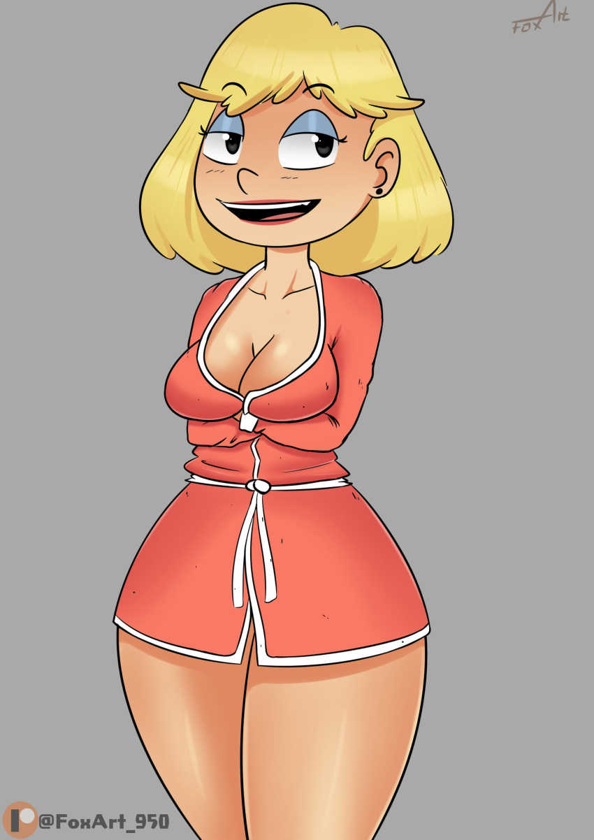 1girls big_breasts blonde_hair breasts cleavage eyeshadow female female_only foxart950 half-closed_eyes milf mother open_mouth rita_loud robe short_hair solo solo_female solo_focus straight_hair the_loud_house thick_thighs thighs