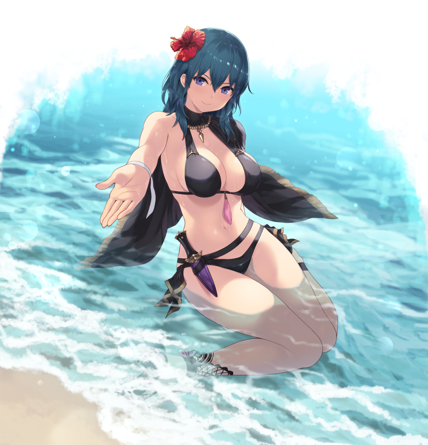 belt bikini black_bikini black_footwear black_swimsuit blue_eyes breasts byleth_(fire_emblem) byleth_(fire_emblem)_(female) byleth_(summer)_(fire_emblem)_(female) cait cait_aron cleavage commentary female female_only fire_emblem fire_emblem:_three_houses fire_emblem_heroes flower green_hair hair_flower hair_ornament hibiscus highres jewelry knife knife_holster knife_sheath large_breasts looking_at_viewer medium_hair navel necklace nintendo outstretched_hand partially_submerged reaching_out sandals shawl sitting solo solo_female swimsuit wading wariza water