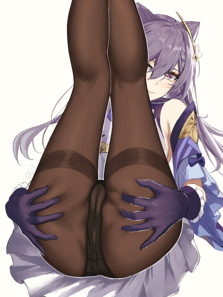 ass ass_grab bare_shoulders black_legwear black_panties blush cameltoe double_bun eleaaa feet female frilled_gloves frilled_skirt frilled_sleeves frills genshin_impact gloves grabbing_own_ass hair_ornament keqing_(genshin_impact) legs legs_up lying on_back panties pantyhose purple_eyes purple_hair see-through simple_background skirt sleeveless solo spread_ass thighs twintails underwear white_background