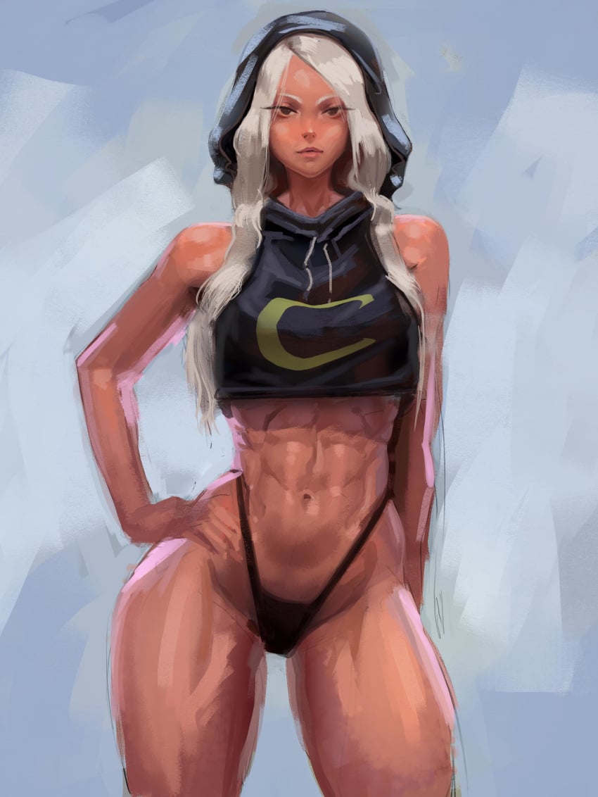 1girls abs absurd_res bare_shoulders blue_background breasts brown_eyes clothing crop_top curvy dark-skinned_female dark_skin eyelashes female female_focus female_only fully_clothed g-string grey_hair hand_on_hip hips hoodie human lips long_hair looking_at_viewer medium_breasts miruko muscular muscular_female my_hero_academia navel panties parted_bangs pinup revealing_clothes rumi_usagiyama shiny_skin simple_background skimpy sleeveless solo solo_female thick_thighs thighs thong ujac underwear wide_hips