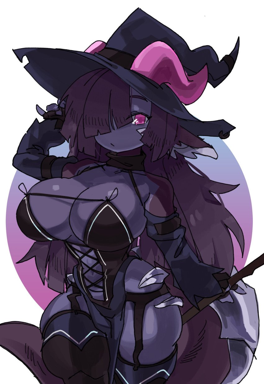 1girls bangs big_breasts black_hair cleavage clothing dragon_girl dragon_horns dragon_humanoid falu_(consoflonka) female female_only hair_over_one_eye horns long_hair pink_eyes pink_horn purple_skin solo solo_female tail thick_thighs very_high_resolution white_background wide_hips witch_hat zanamaoria