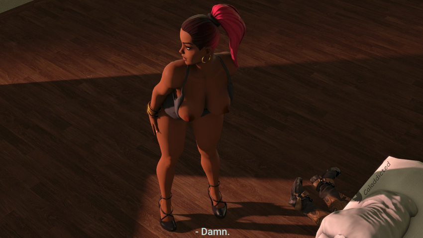 1girls 3d bed bedroom big_breasts breasts caladdicted calamity_(fortnite) comic dark-skinned_female earrings fortnite nipples pose posing red_hair tagme talking_to_partner text