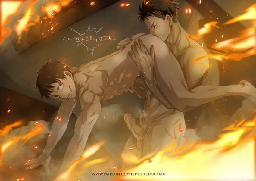 2boys akitaru_oubi enen_no_shouboutai fire fire_force flames gay kusakabe_shinra lemilkychoc male male_only obi_akitaru penis rimming shinra_kusakabe uncensored yaoi