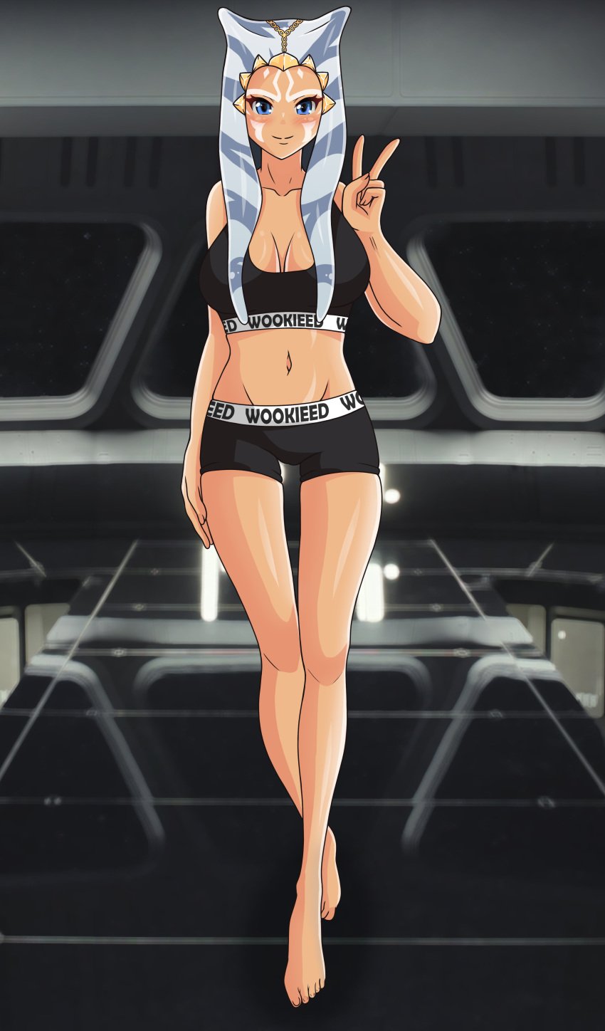 ahsoka_tano alien alien_girl alien_humanoid barefoot big_breasts blacked blacked_clothing blue_eyes blush boyshorts breasts cleavage clone_wars clothed clothed_female clothing erebeta eyes facial_markings feet female female_only front_view full_body gesture happy hirn humanoid indoors looking_at_viewer markings no_nose open_eyes orange_body panties science_fiction shiny_skin smile solo space spacecraft standing star_destroyer star_wars tagme tank_top tentacle tentacle_hair text thigh_gap togruta underboob underwear v_sign vehicle vehicle_interior white_markings window