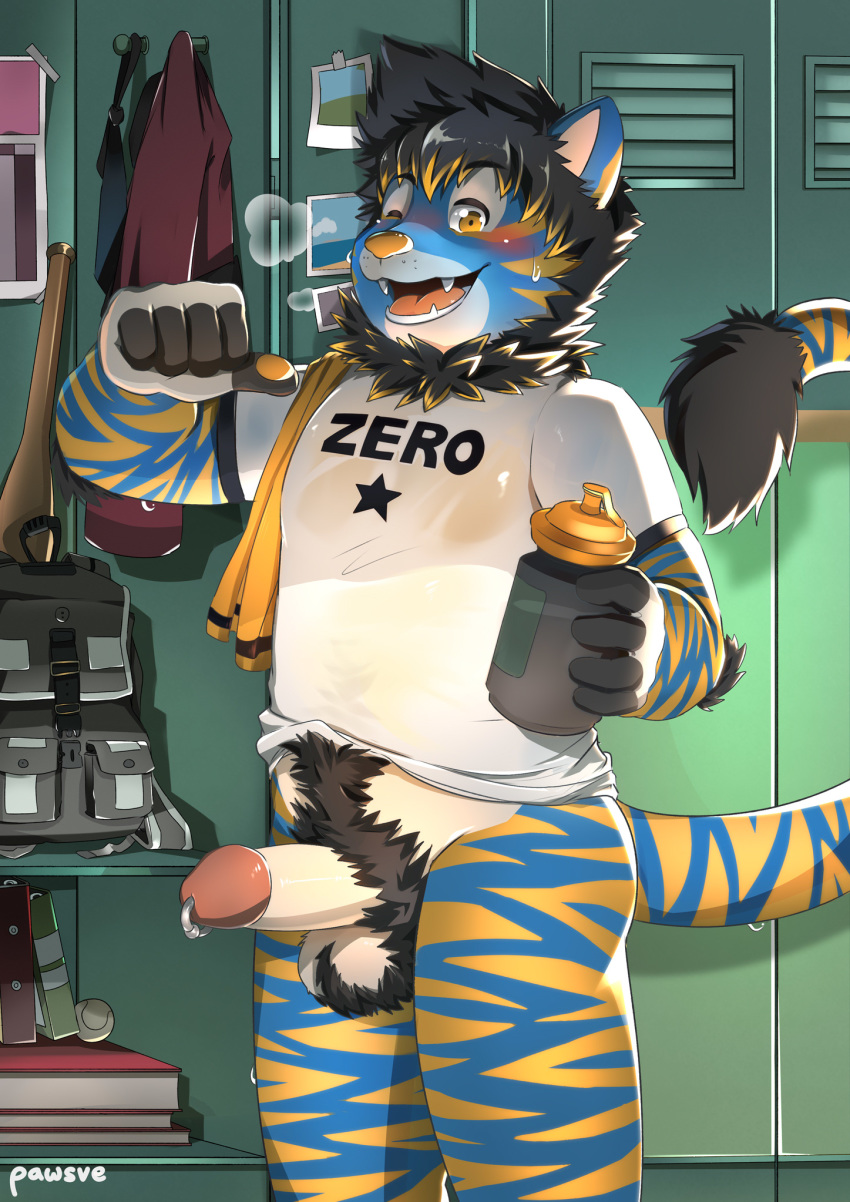 anthro balls biped blue_body blue_fur bodily_fluids bottomless circumcised clothed clothing english_text felid feline fur genital_fluids genitals hi_res humanoid_genitalia humanoid_penis locker locker_room male male_only mammal mane pantherine pawsve penis precum pubes shirt solo star striped_body striped_fur striped_tail stripes text tiger topwear water_bottle yellow_body yellow_fur