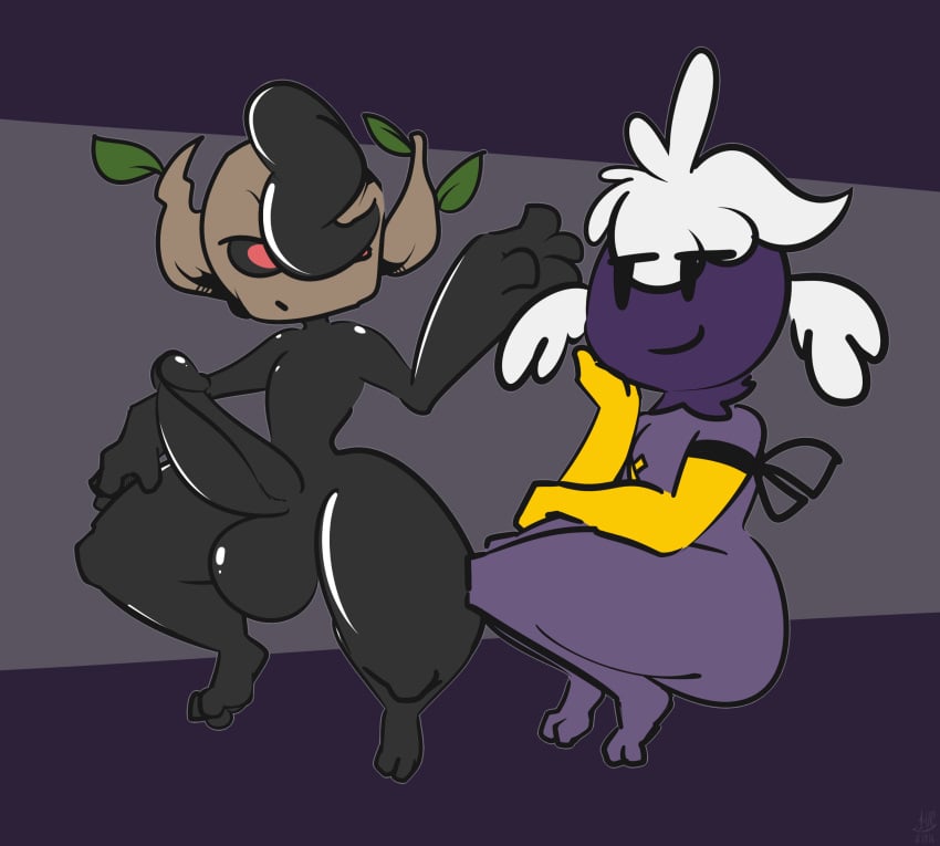 1-upclock 2020 3_toes 4_fingers absurd_res ambiguous_gender anthro anthrofied armband balls big_balls big_penis black_armband black_balls black_eyes black_glans black_hair black_penis black_sclera brown_body crouching dot_eyes drifloon duo fingers genitals glans grey_background hair hand_on_head hi_res huge_balls huge_cock humanoid leaf male nintendo pattern_background penis phantump pokémon_(species) pokemon purple_background purple_body red_eyes simple_background smile smirk striped_background thick_thighs toes video_games white_hair yellow_body