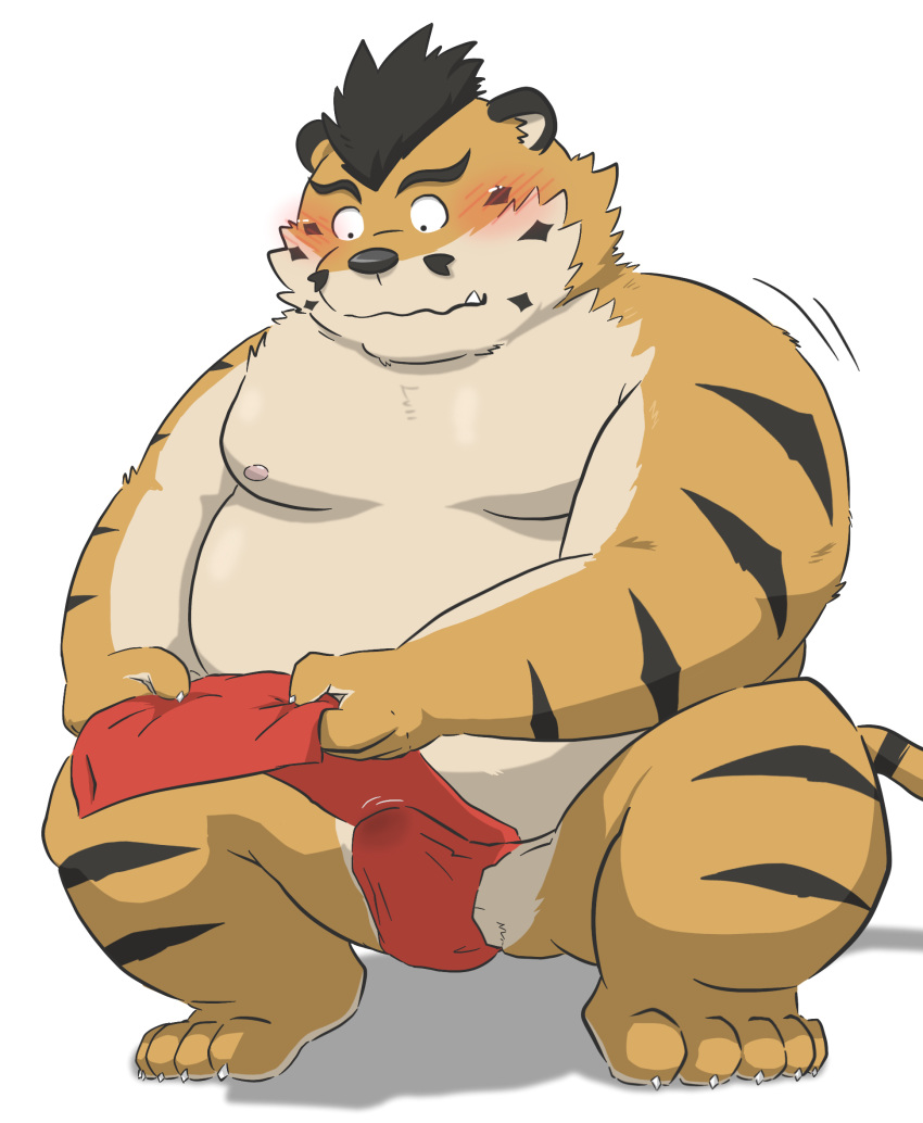 2020 anthro asian_clothing balls belly black_nose blush bulge clothing cute_fangs east_asian_clothing felid fundoshi genitals hi_res hon55728 japanese_clothing kemono male male_only mammal nipples overweight overweight_anthro overweight_male pantherine simple_background solo tiger underwear white_background