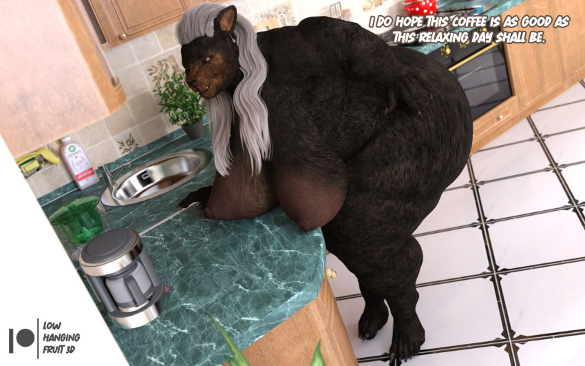 3d anthro anthro_only areolae bbw bear big_breasts breasts chubby chubby_anthro chubby_female daz3d daz_studio dialogue elderly_female female georgia_woods(lhf3d) gilf gray_hair kitchen large_areolae large_ass large_breasts legs looking_at_viewer lowhangingfruit3d_(artist) mature mature_female naked nipples nude nude_female obese old older_female original_character overweight overweight_female standing thick thick_legs thick_thighs thighs wide_hips