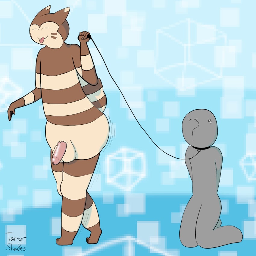 1:1 abstract_background ambiguous_gender anthro ass balls big_balls big_butt big_tail bodily_fluids bondage closed_eyes collar dom/sub domination duo faceless_ambiguous faceless_character furret genitals grin hi_res interspecies leash light_bdsm male male/male male_domination meme nintendo nude penis pokémon_(species) pokemon smile sweat target_shades they_can_walk tongue tongue_out video_games walking