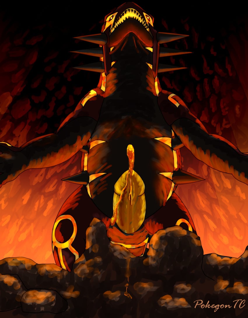 2020 belly big_penis black_belly black_claws black_spikes black_teeth bodily_fluids cave claws cloacal_penis cum cumshot detailed_background digital_media_(artwork) ejaculation erection feral genital_fluids genitals glowing groudon hi_res lava lava_cum legendary_pokémon male markings nintendo open_mouth orgasm penis pokémon_(species) pokemon primal_groudon primal_reversion red_body red_eyes rock solo spikes t-ace_juice teeth unusual_cum video_games volcanic_setting yellow_penis