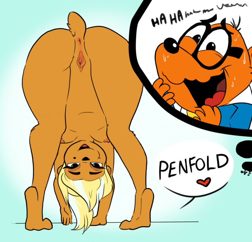 2019 all_fours anthro anus ass ass_up blonde_hair bodily_fluids breasts brown_body clitoris cricetid danger_mouse_(series) duo ernest_penfold eyewear female female_focus genitals glasses hair hamster hi_res jabberwockychamber laugh looking_at_viewer looking_through looking_through_legs male mammal nipples nude presenting presenting_anus presenting_hindquarters presenting_pussy pussy rear_view rodent scarlet_johamster solo_focus spread_legs spread_pussy spreading sweat text