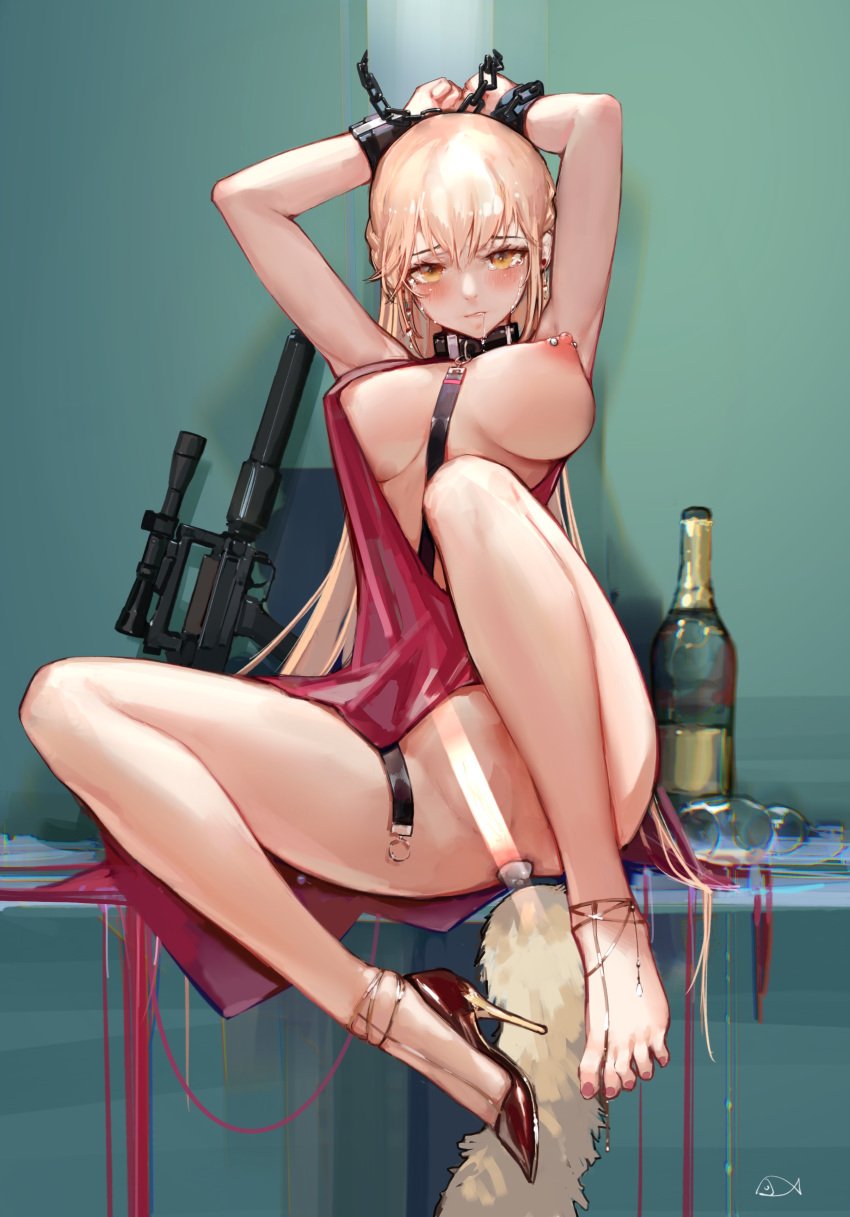 1girls anal_insertion anklet barefoot blonde blonde_hair blush blushing blushing_at_viewer breasts breasts_out buttplug buttplug_tail collar crying crying_with_eyes_open drooling drunk exposed_anus exposed_ass exposed_nipples exposed_pussy female female_only girls'_frontline gun handcuffed handcuffs hands_above_head hands_over_head heels high_heels kidnapped large_breasts legs_apart legs_up light_censor long_hair looking_at_viewer mouth_closed nipple_piercing ots-14_(girls'_frontline) painted_nails painted_toenails pink_nipples red_dress red_toenails scared sex_toy sitting sniper solo very_long_hair westking wine wine_glass yellow_eyes