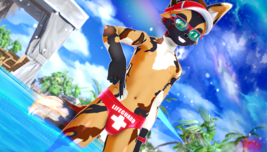 3d african_wild_dog anthro bulge canid canine clothed clothing flamboyant fur fusionxglave gesture hat headgear headwear hi_res lifeguard male male_only mammal nora pointing pose shirt smile solo speedo swimming_pool swimwear topwear visor visor_cap water