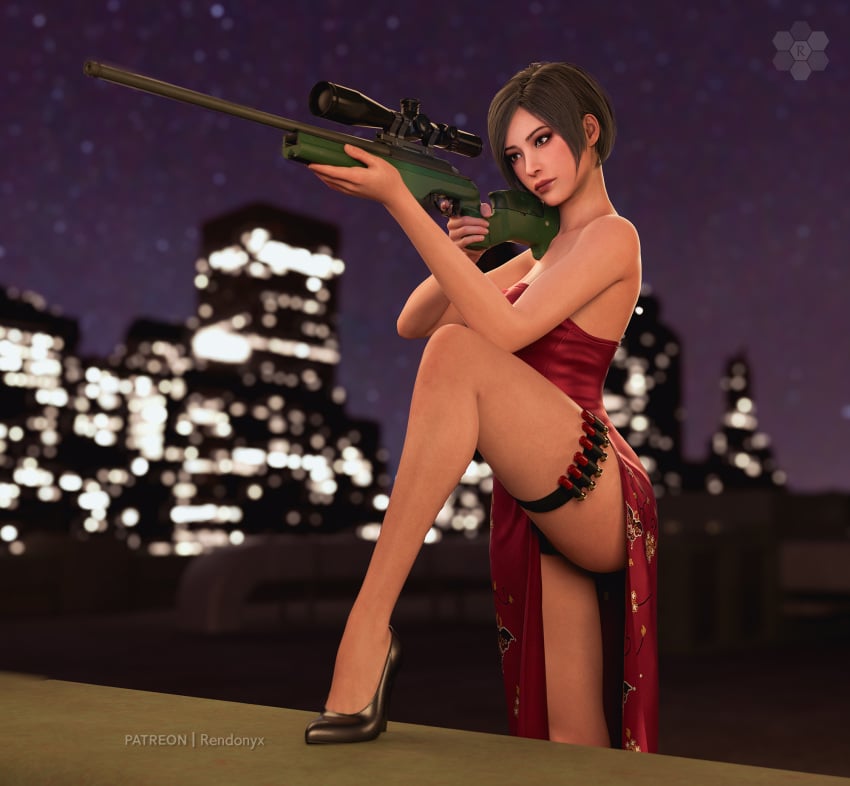 3d 3d_(artwork) absurd_res absurd_resolution ada_wong aiming_rifle aiming_weapon alternate_outfit ass assassin bare_legs bare_shoulders beautiful_woman black_high_heels brown-haired_female cityscape collarbone elegant_dress emotionless emotionless_female exposed_legs expressionless high_resolution highres mature_woman patreon_username raccoon_city red_dress rendonyx resident_evil sniper_rifle text updress watermark