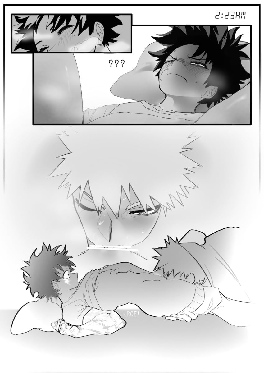2boys 3koma abs ass bakugou_katsuki blush boku_no_hero_academia bones_(company) fellatio freckles groin izuku_midoriya katsuki_bakugou lying messy_hair midoriya_izuku monochrome my_hero_academia no_pants no_underwear_(male) on_bed oral pectorals scar scar_on_arm shounen_jump sleeping spiked_hair surprised underwear waking_up yaoi