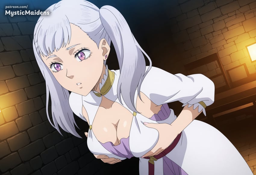 1girl ai_generated anime anime_style black_clover breasts cleavage dress earrings grabbing_own_breast grey_hair hentai hi_res jewelry large_breasts long_hair mystic_maidens noelle_silva parted_lips patreon purple_eyes solo twintails