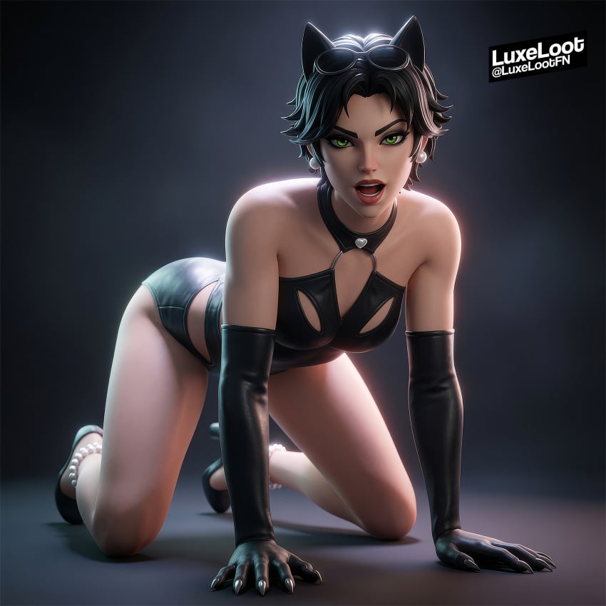 ai ai-created ai_art ai_assisted ai_generated all_fours black_bikini black_heels black_high_heels black_swimsuit cat_ears catwoman catwoman_(fortnite) crawling dc dc_comics doggy_position doggy_style fortnite fortnite:_battle_royale gloves green_eyes heels high_heels long_glove looking_at_viewer selina_kyle short_hair whip