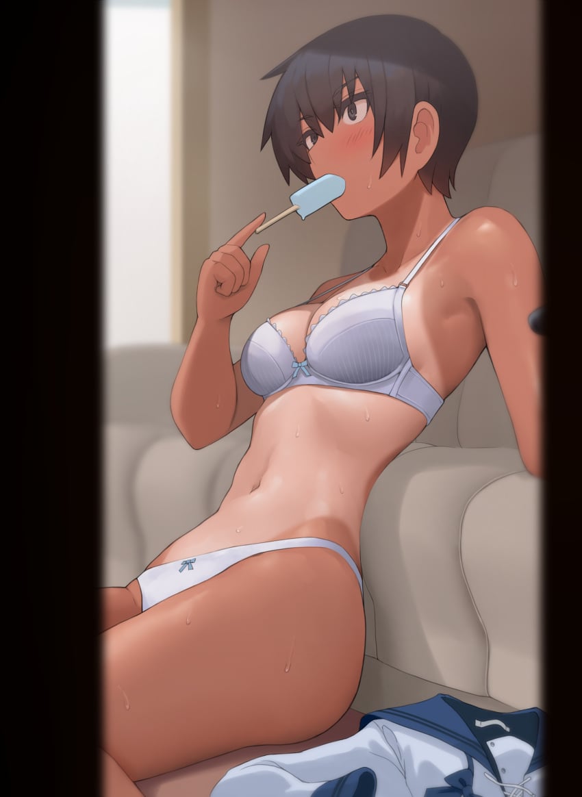 1girls 2026 2d black_eyes black_hair blush blush_lines blushing bra female female_only hair hi_res highres human ice_cream kuronami_(lvi) lvi oc original original_character panties short_hair solo solo_female sweat sweating sweaty_body tan tan-skinned_female tan_body tan_skin tanline tanned tanned_skin tomboy