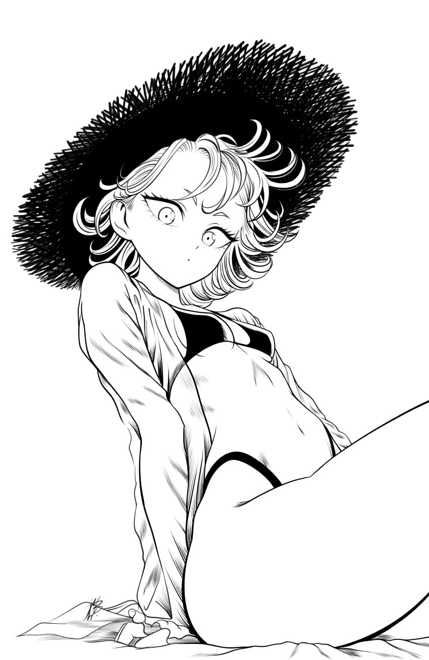 1girls big_thighs bikini bottom_heavy breasts cleavage female female_only flat_chest hat hourglass_figure huge_thighs large_thighs looking_at_viewer monochrome mostlybluewyatt navel one-punch_man petite short_hair sitting slim_waist small_breasts solo solo_female tatsumaki thick thick_thighs thighs white_background wide_hips
