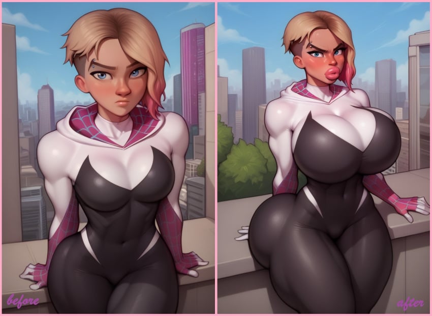 ai ai_art ai_generated annoyed annoyed_expression annoyed_face annoyed_female before_and_after bimbo bimbo_body bimbo_boobs bimbo_breasts bimbo_lips bimbofication bimbofied blonde_hair bodysuit boob_expansion breast_expansion breasts_bigger_than_head embarrassed embarrassed_female expansion_sequence fake_breasts female_focus female_only figure_transformation gwen_stacy gwen_stacy_(spider-verse) hips_expansion hips_wider_than_shoulders hourglass_body hourglass_expansion hourglass_figure hourglass_figured_female huge_ass huge_breasts huge_butt huge_lips huge_thighs lip_expansion lipstick marvel perky_breasts pink_hair pink_lips pink_lipstick sequence short_hair solo solo_female solo_focus spider-gwen superheroine thick_ass thick_hips thick_legs thick_thighs thighs_bigger_than_head thighs_bigger_than_torso tiny_waist tits_bigger_than_head transformation transformation_sequence unwilling_expansion unwilling_transformation