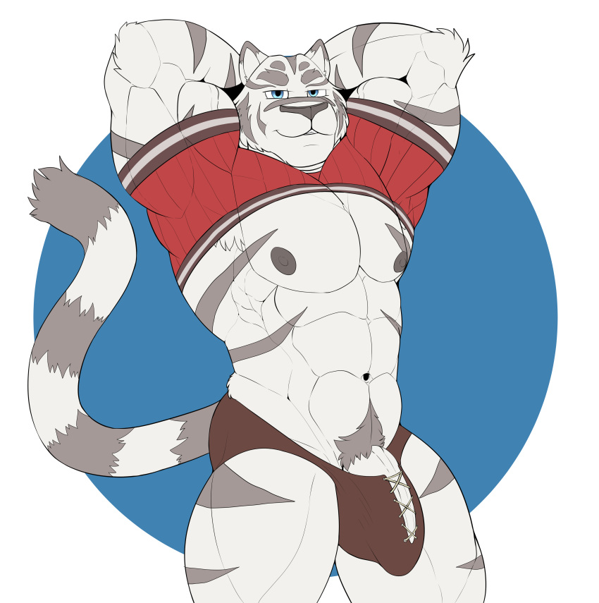 abs absurd_res anthro blue_eyes bulge clothing felid genitals grimoire_of_zero hands_behind_head hi_res intimatewolf male male_only mammal mercenary_(character) muscular muscular_anthro muscular_male navel nipples pantherine penis pubes solo tiger underwear