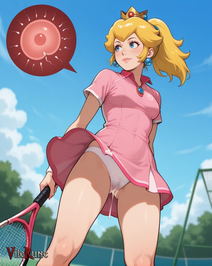 after_sex after_vaginal ai_generated blue_sky blush breasts crown cum_through_panties cumdrip dress earrings fertilization impregnation jewelry light_smile looking_away mario_(series) nintendo outdoors ovum pink_dress ponytail princess_peach short_dress sky small_breasts sperm_cell sportswear standing tennis_racket tennis_uniform upskirt vilerune white_panties