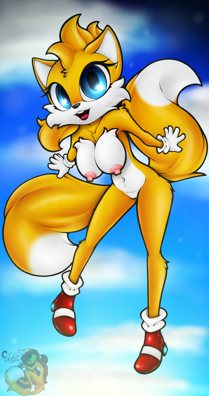 2_tails absurd_res anthro areola big_breasts big_eyes big_head blue_eyes blue_sky breasts canid canine cheek_tuft cjweasle clothing cloud countershade_face countershade_torso countershading dipstick_tail erect_nipples exposed_torso facial_tuft female footwear fox fur genderswap genitals gloves handwear hi_res humanoid logo looking_at_viewer mammal midair mostly_nude multi_tail multicolored_tail navel nipples open_mouth open_smile pussy rule_63 shoes signature sky smile solo sonic_(series) sonic_the_hedgehog_(series) tails tailsko tongue tuft video_games white_body white_countershading white_fur yellow_body yellow_fur