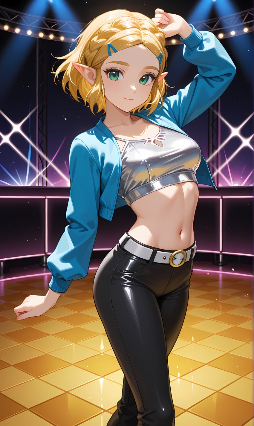 1girl abdomen ai_generated black_pants blonde_hair blue_jacket braided_hair cleavage crop_top cropped_jacket dance dance_floor dancing elf_girl green_eyes hairclips hips hylian looking_at_viewer midriff navel nightclub one_arm_up pixai princess_zelda sexy_pose short_hair silver_topwear slim_body small_smile the_legend_of_zelda thighs tight_pants waist white_belt zelda_(tears_of_the_kingdom)