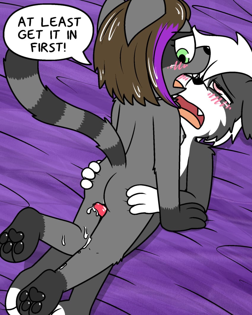 1boy 1girls anthro ass ass_grab blush canine cub cum cum_on_leg cum_on_legs domestic_dog fangs female furry knot male male/female nude open_mouth penis pink_(pink) pokefound procyonid raccoon sam_(pink) tongue young