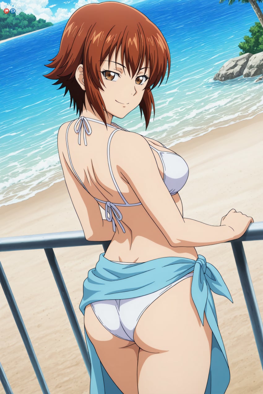 1boy absurdres adult ai_assisted ai_generated beach big_breasts bikini bikini_bottom bikini_top breasts cleavage female from_behind grand_blue grand_blue_dreaming heeven highres kotegawa_chisa looking_back male mature patreon patreon_username perfect_ass perfect_body uncensored