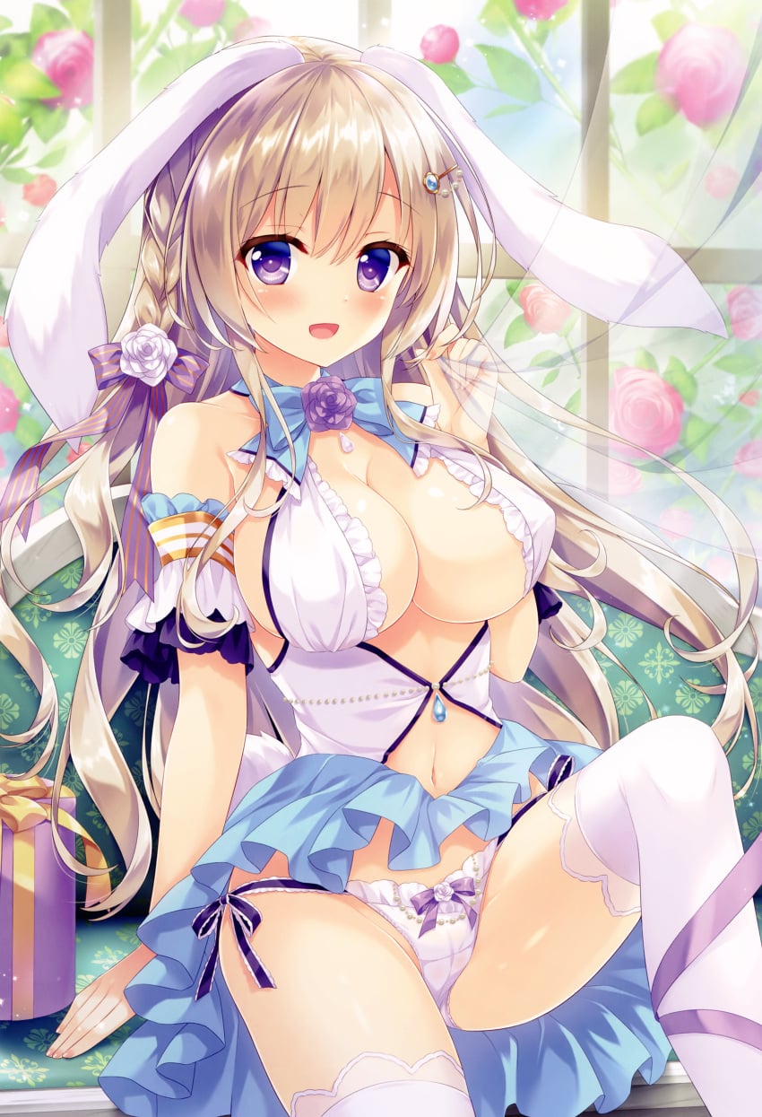 1girl ameto_yuki blonde_hair blush bow_panties braided_hair breasts detached_sleeves dress flower frilled_panties frilled_skirt frilled_thighhighs frills hair_ornament hair_ribbon highres large_breasts long_hair looking_at_viewer melonbooks original panties ribbon_panties shirt side_braid skirt_lift thighhighs