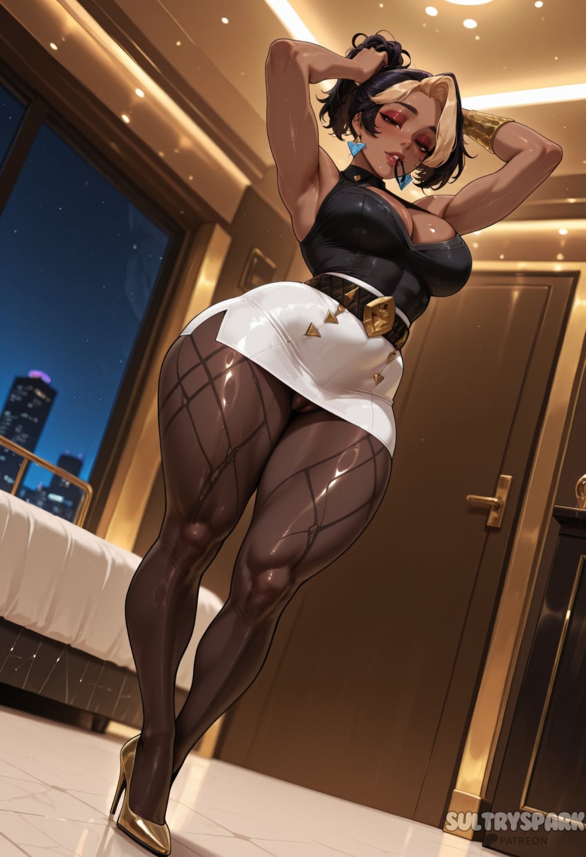 1girl adjusting_hair ai_generated armpits arms_up artist_name bare_shoulders bed belt black_belt black_hair black_shirt blizzard_entertainment blonde_hair bracelet breasts brown_pantyhose cleavage cleavage_cutout clothing_cutout curvy dark-skinned_female dark_skin domina dutch_angle earrings fishnet_pantyhose fishnets full_body futarush gold_earrings high_heels indoors jewelry large_breasts looking_at_viewer mature_female mouth_hold multicolored_hair muscular muscular_female night night_sky overwatch overwatch_2 pantyhose parted_lips patreon patreon_username pencil_skirt shirt skirt sleeveless sleeveless_shirt solo standing streaked_hair sultryspark thick_thighs thighs triangle_earrings two-tone_hair tying_hair white_skirt