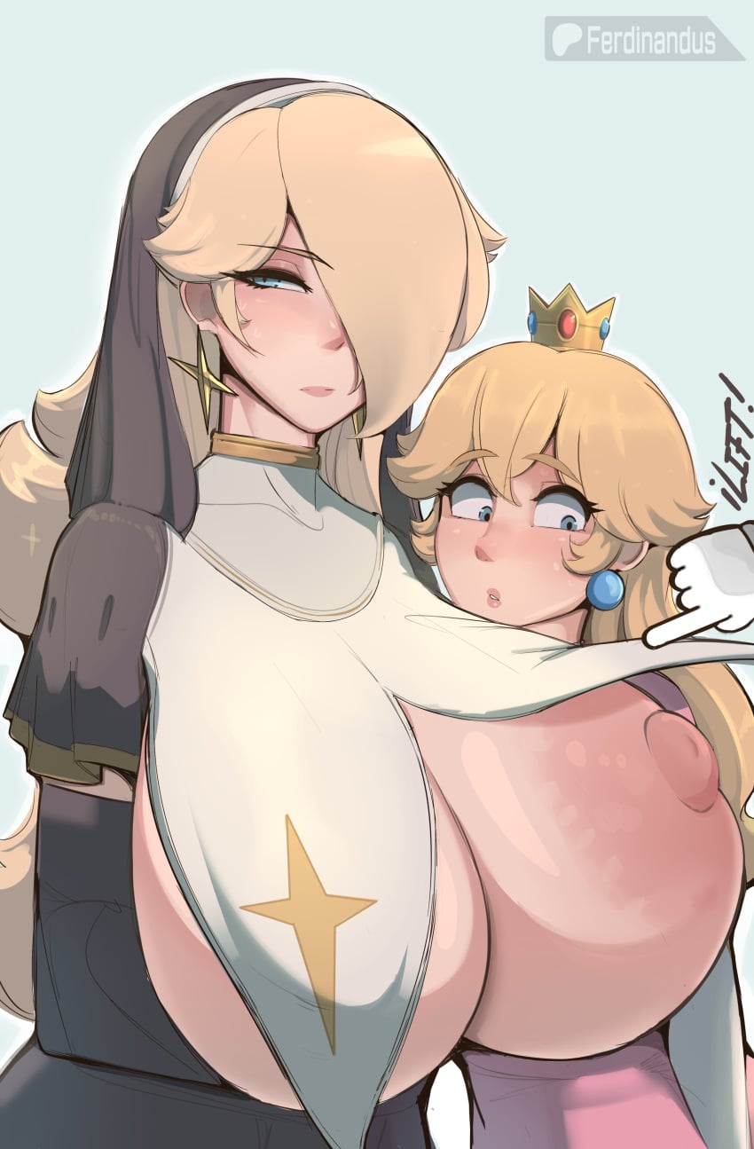 2girls ass breasts female female_focus female_only ferdinandus hair_over_one_eye hi_res large_ass large_breasts light-skinned_female light_skin mario_(series) princess_peach princess_rosalina thick_thighs thighs wide_hips
