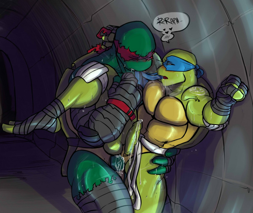 <3 2boys anal anal_penetration anal_sex blush clenched_fist clothing cum_in_ass cum_inside dialogue duo gay genitals hiked_leg legs_up leonardo leonardo_(tmnt) male male/male muscular muscular_male penis raphael raphael_(tmnt) reptile scalie sewer standing standing_sex sweating teenage_mutant_ninja_turtles traitmill trying_to_be_quiet turtle yaoi