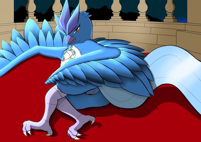 articuno ass avian beak bird blue_body blue_feathers claws collar crystal detailed_background feathered_wings feathers female feral genitals half-closed_eyes hi_res justwhite legendary_pokemon long_tail looking_at_viewer lying lying_on_ground narrowed_eyes night nintendo nude on_front paws pokémon_(species) pokemon pokemon_(species) pose pussy red_eyes serious solo thick_thighs video_games wings