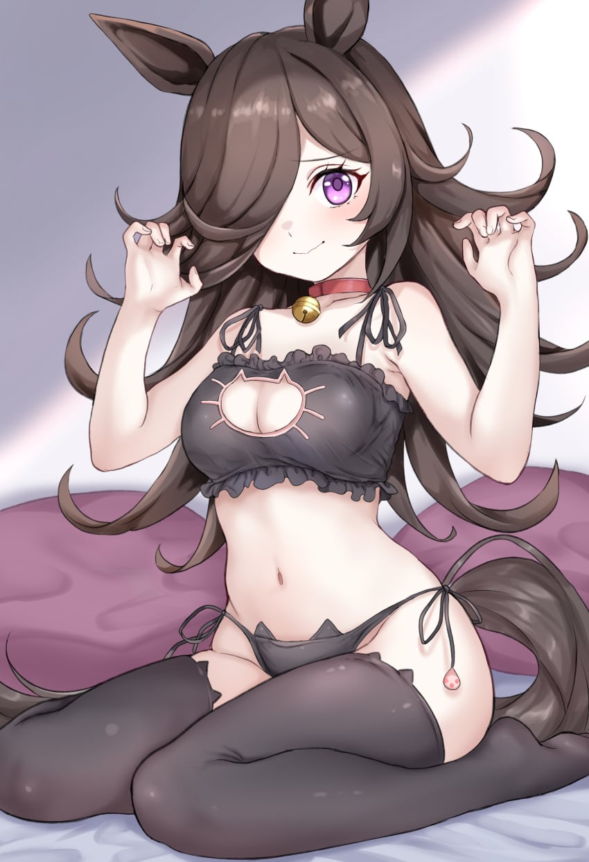 1girls boob_window bra breasts cat_lingerie collar daram_(shappydude) female female_only horse_girl lingerie looking_at_viewer panties rice_shower_(umamusume) solo thighhighs umamusume umamusume_pretty_derby