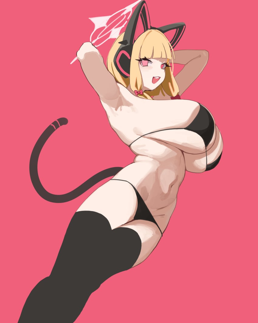 1girl aged_up big_ass big_breasts bikini blonde_hair blue_archive fake_animal_ears fake_tail gya_rb halo headphones looking_at_viewer momoi_(blue_archive) solo solo_female tail thighhighs