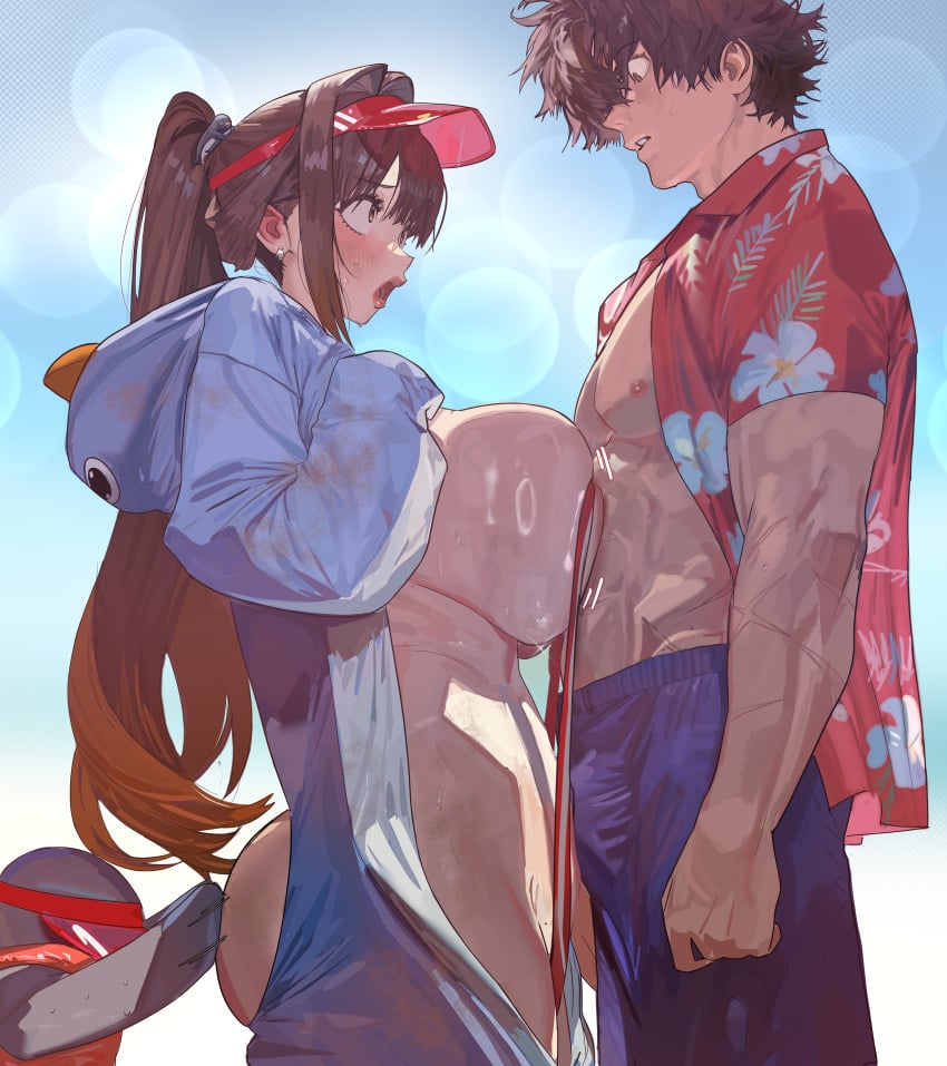1boy 1girl absurdres animal_costume ass bilingual_commentary blue_shorts breasts brown_hair commander_(nikke) commentary day english_commentary floral_print floral_print_shirt from_side goddess_of_victory:_nikke hair_intakes hetero highres hintobento huge_breasts long_hair looking_at_another marciana_(marine_study)_(nikke) marciana_(nikke) mixed-language_commentary ocean official_alternate_costume official_alternate_hairstyle open_clothes open_mouth open_onesie open_shirt outdoors parted_lips penguin_costume penguin_hair_ornament penguin_ornament penguin_squad_(nikke) pink_shirt ponytail print_shirt red_slingshot_swimsuit red_visor_cap sand shirt short_shorts short_sleeves shorts sideboob slingshot_swimsuit swimsuit very_long_hair visor_cap