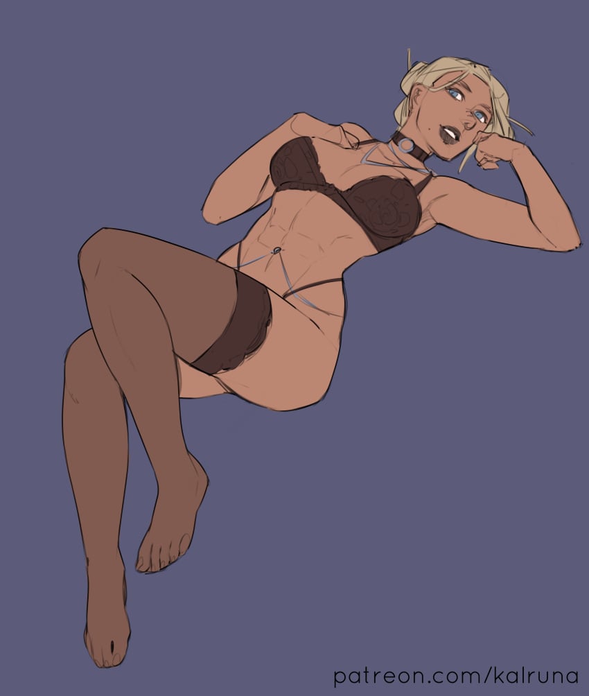 1girls black_bra blonde_hair bra choker female female_only kalruna original pinup solo stockings