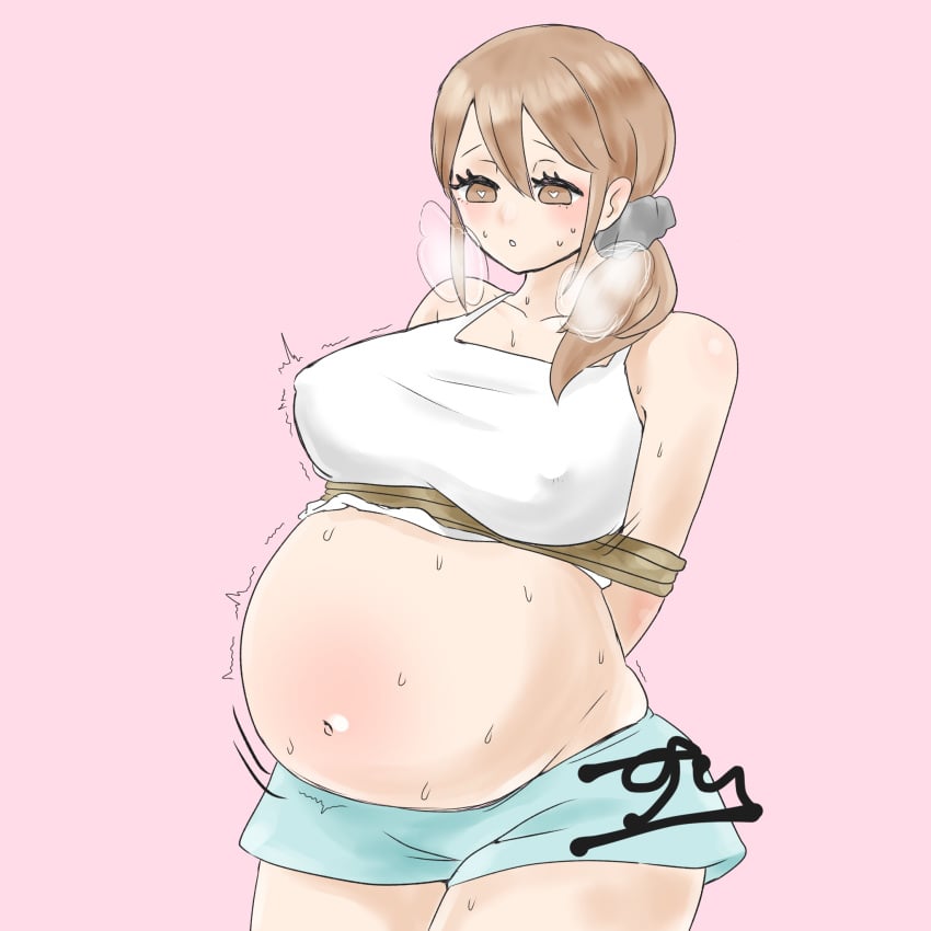 1girls belly_expansion big_belly big_breasts bloated_belly bondage breast_expansion brown_eyes brown_hair clothed clothing erect_nipples female female_only heart-shaped_pupils heavy_breathing navel nipple_erection pregnant rapid_pregnancy rope_bondage sequence sweat turned_on visible_breath